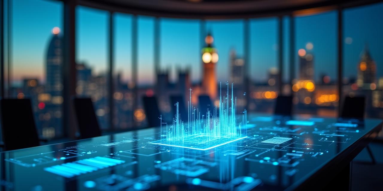 Futuristic high-tech business dashboard showing AI data processing