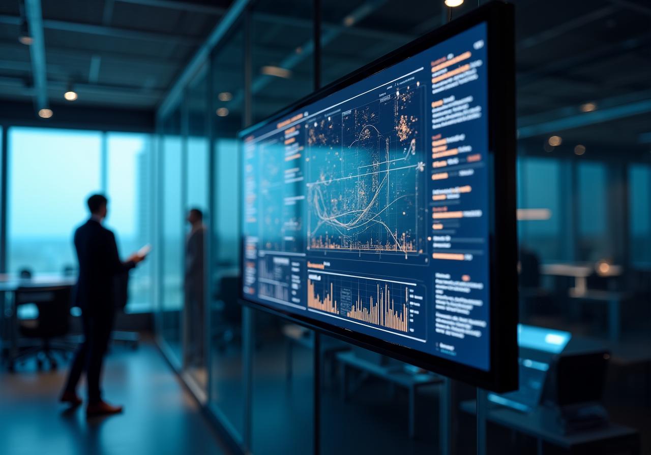 Futuristic business intelligence dashboard with AI overlays